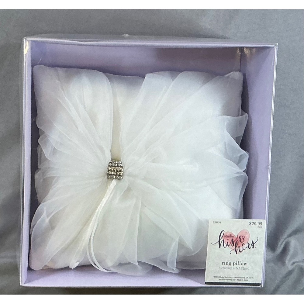NIB Studio His/Hers Ivory Organza Ruffle Rhinestone Wedding Ring Bearer Pillow